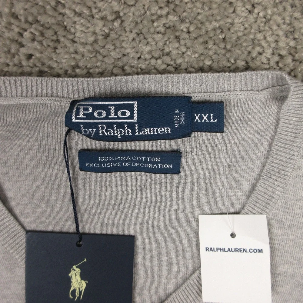 Polo Ralph Lauren Sweater Mens 2XL Gray Pima Cotton Knit V-Neck Pullover NEW
